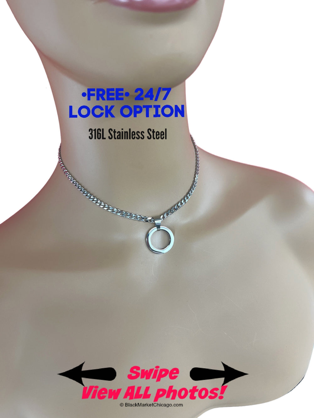 sub day collar, o ring, stainless stee 4mm curb chain, free permanent locking option