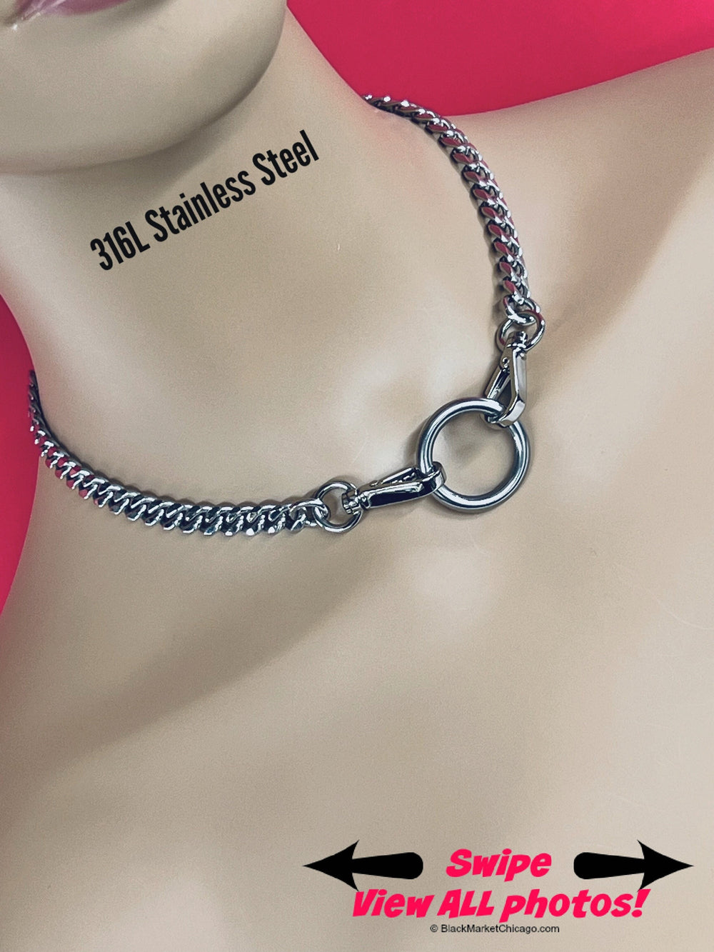 Sub Day Collar, 24/7 Public Wearable, Stainless Steel Curb Chain, O-ring with Swivel Snaps Closure