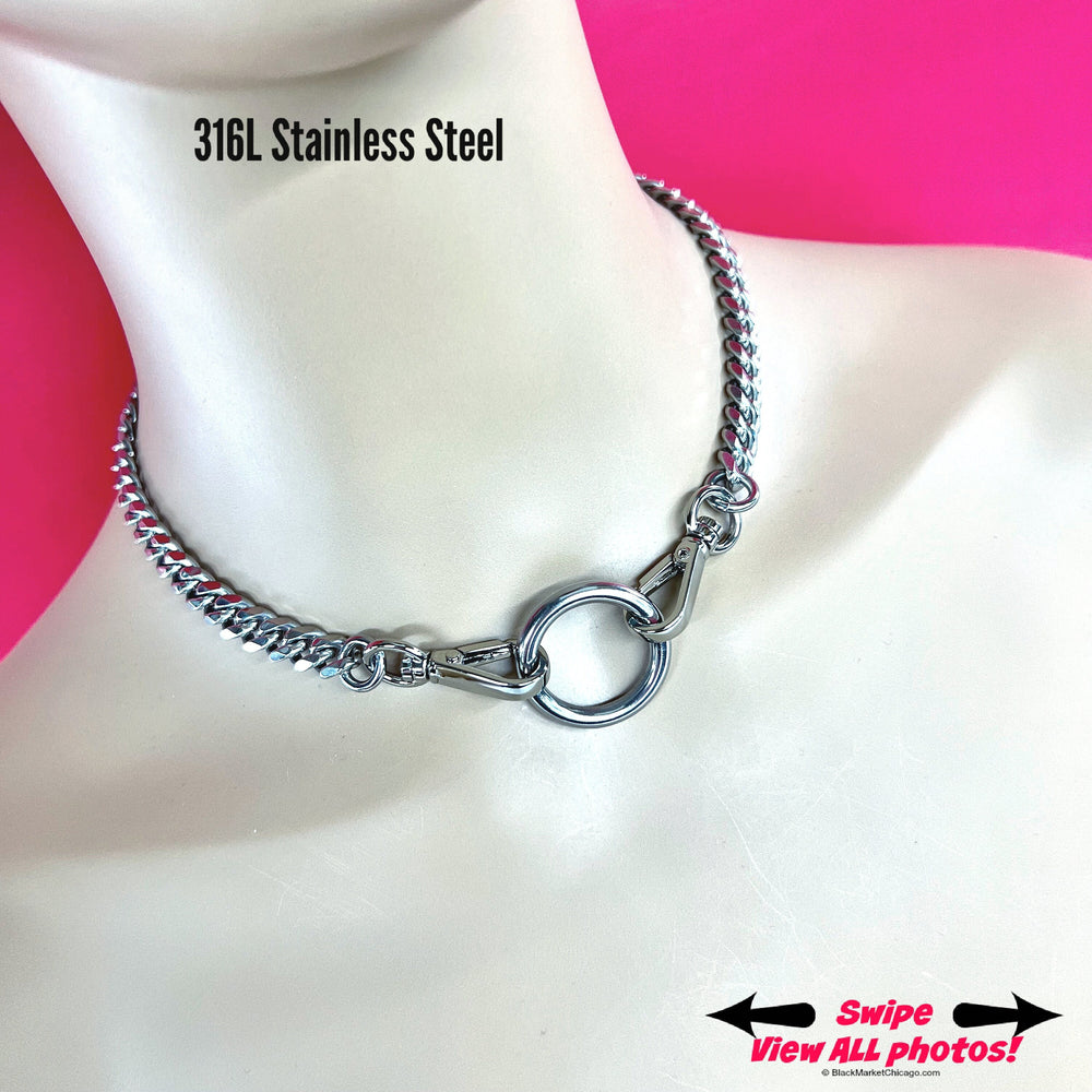 Stainless Steel Chain with center o-ring affixed by small steel swivel snaps, for any gender, grunge or sub day collar