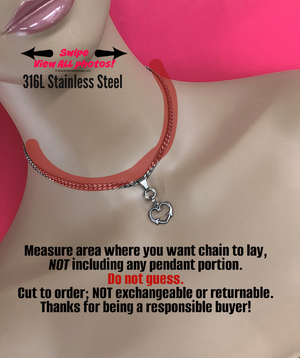 Discreet Sub Day Collar, Thorny Heart, Permanent Locking Option, 316L Stainless Steel, Waterproof 24/7