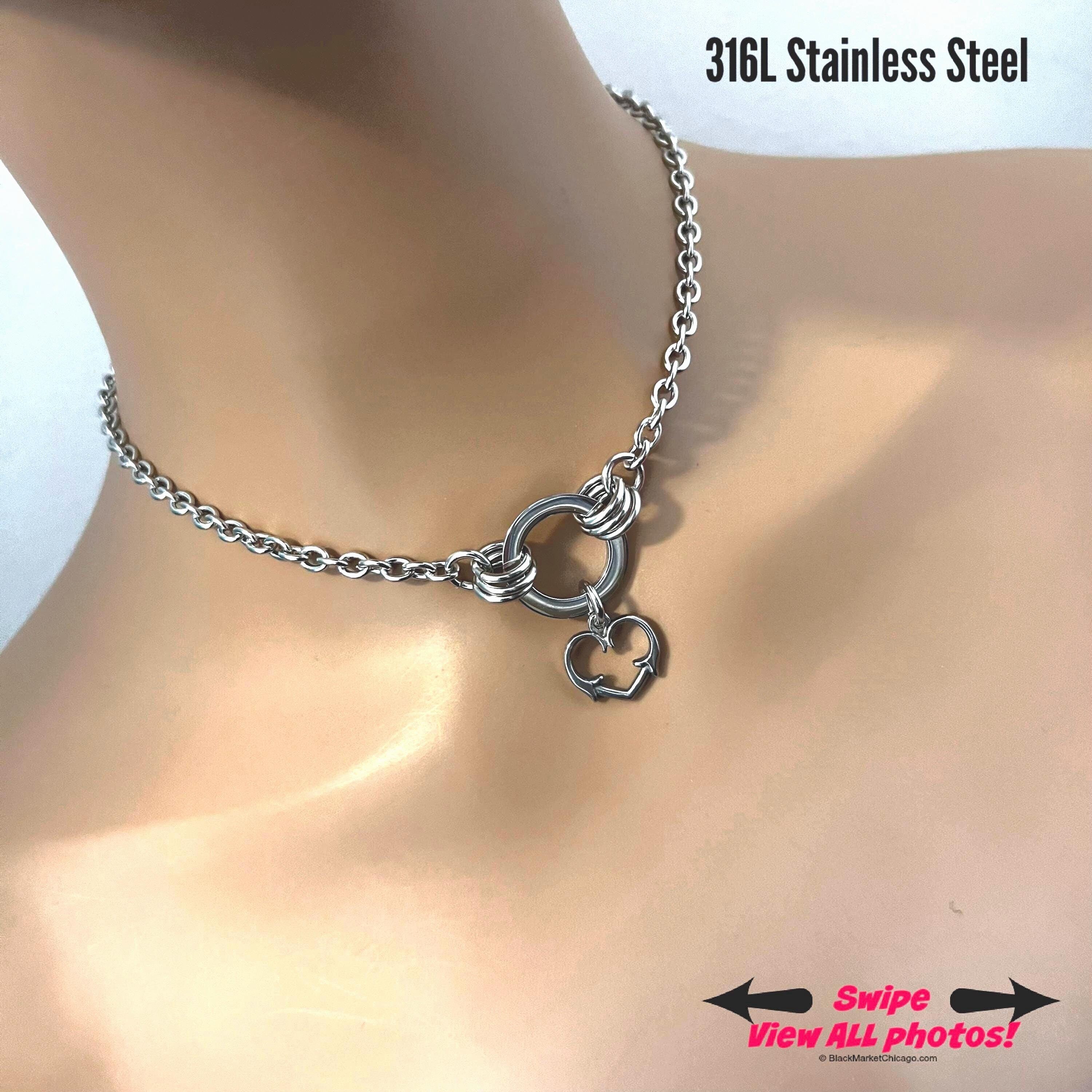 Sub Day Collar, Thorny Heart + Ring, 24-7, Locking OPTION, Stainless Steel