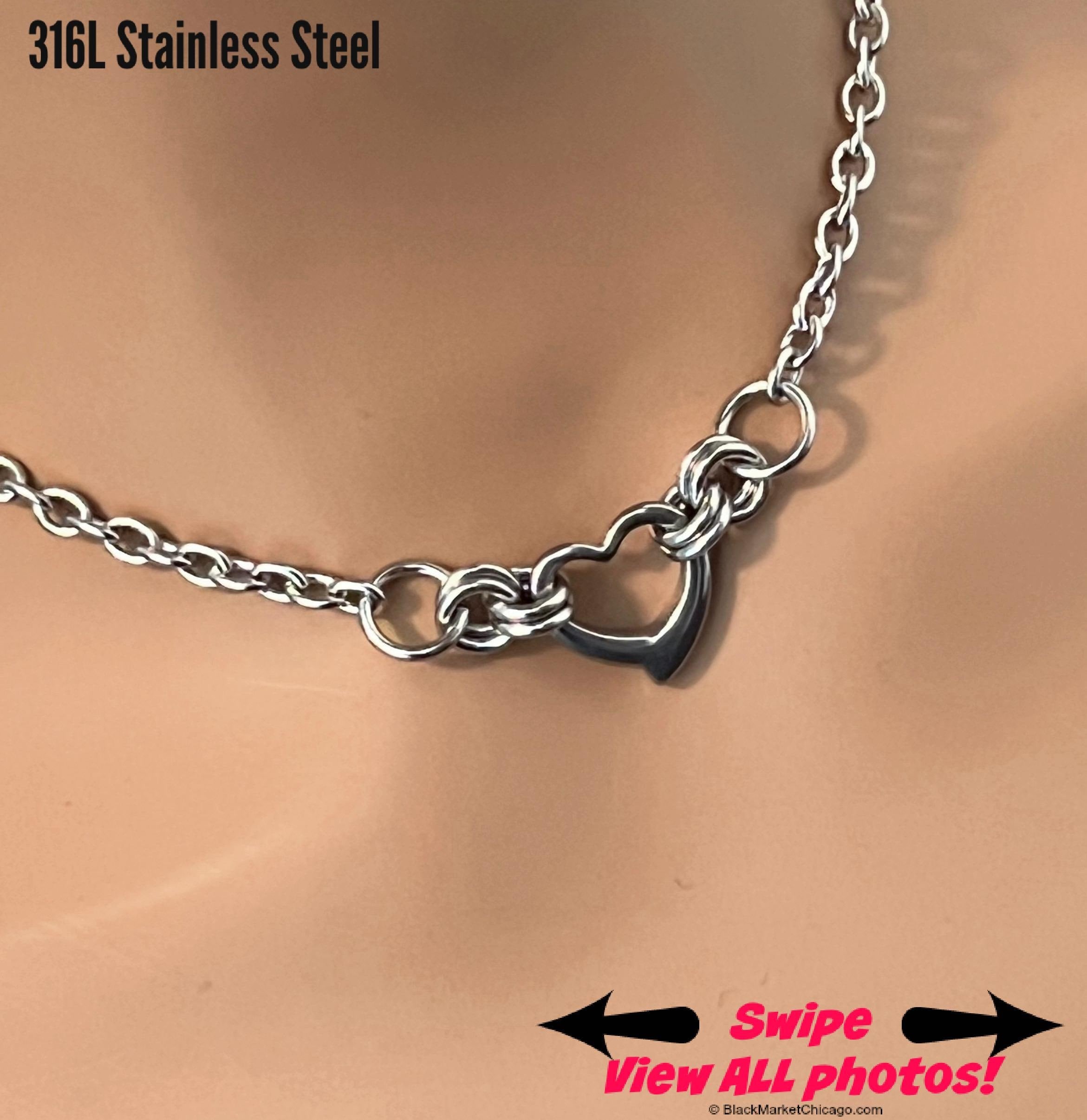 Sub Day Collar, 24/7 Wear Waterproof Lockable, Heart Ring, All Stainless Steel