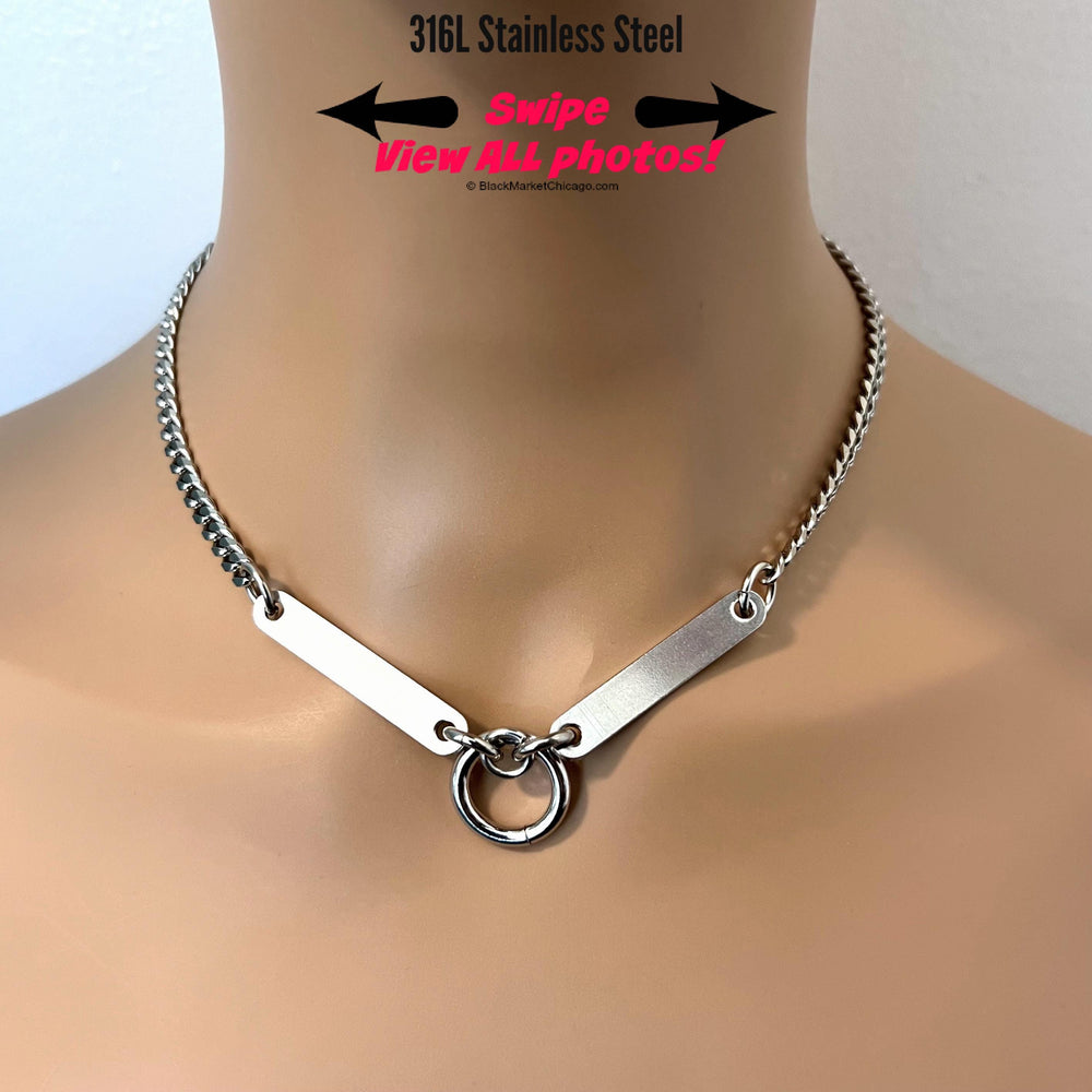 Sub Day Collar, BDSM O-Ring & Bars, 24/7 Permanent Clasp Option, Stainless Steel