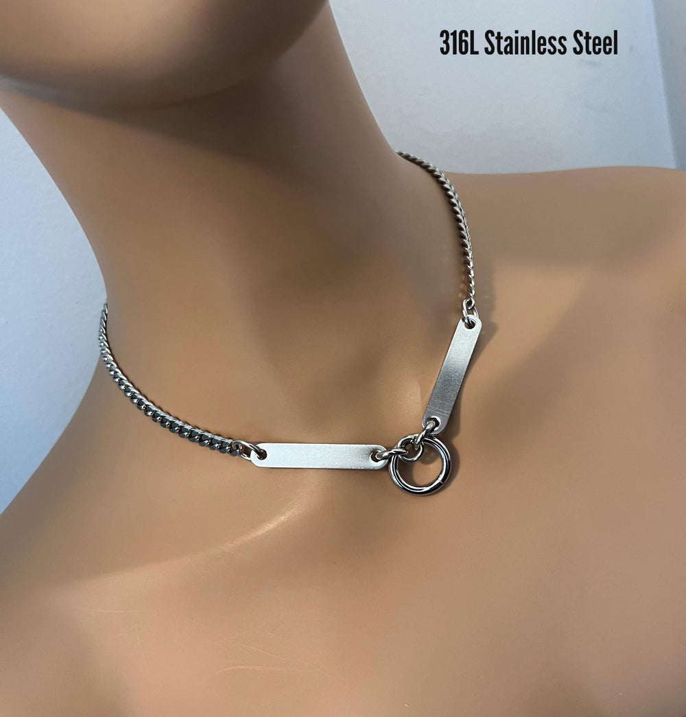 Sub Day Collar, BDSM O-Ring & Bars, 24/7 Permanent Clasp Option, Stainless Steel
