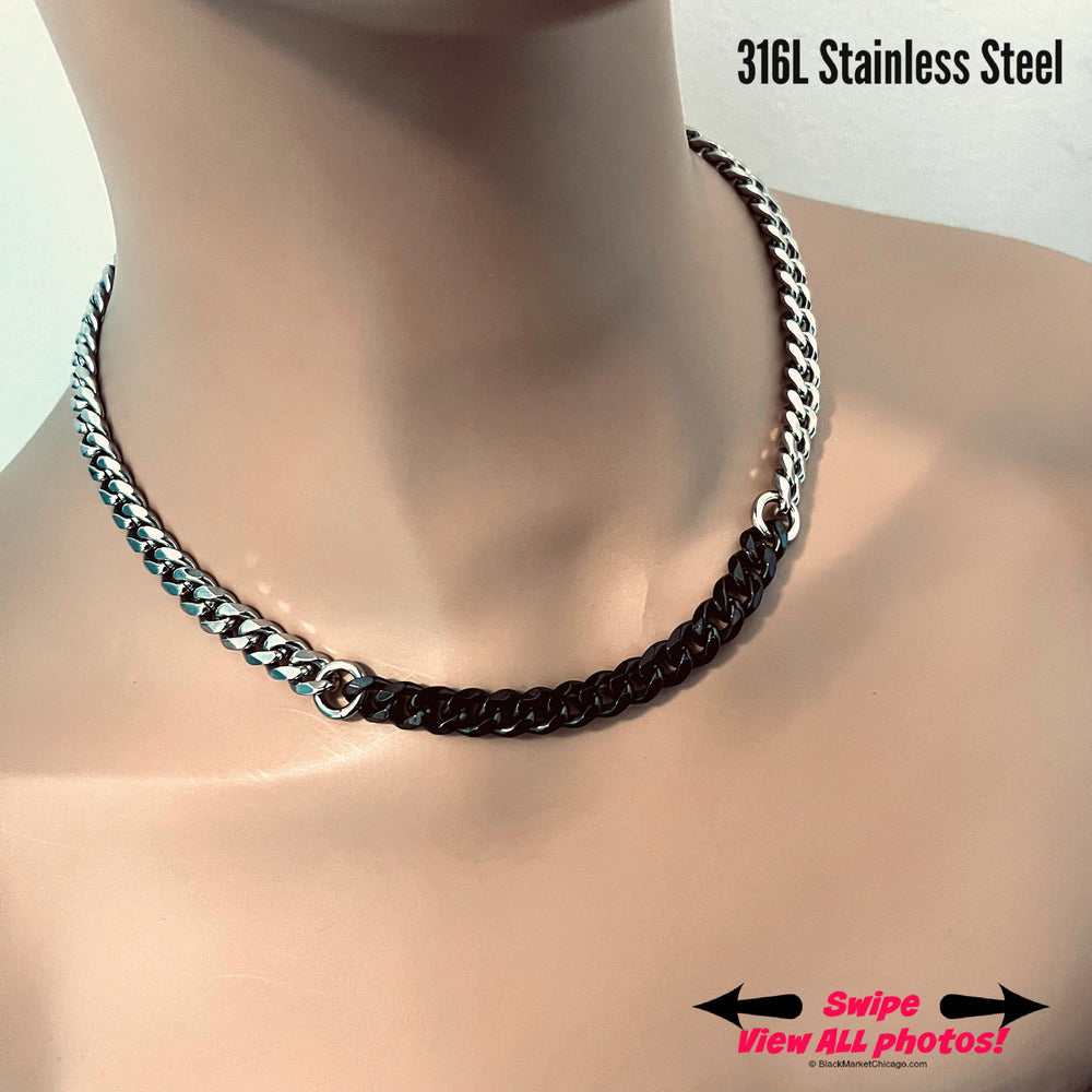 Discreet Submissive Day Collar 2-tone Black and Silver Stainless Steel Chain Necklace