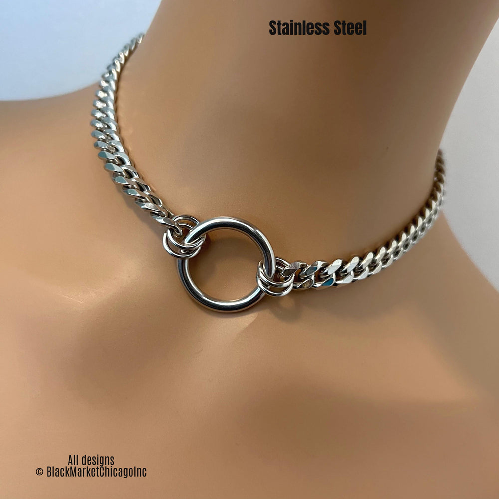 Day Collar, Seamless Ring & Chain, Discreet SILVER Stainless Steel, Waterproof 24/7
