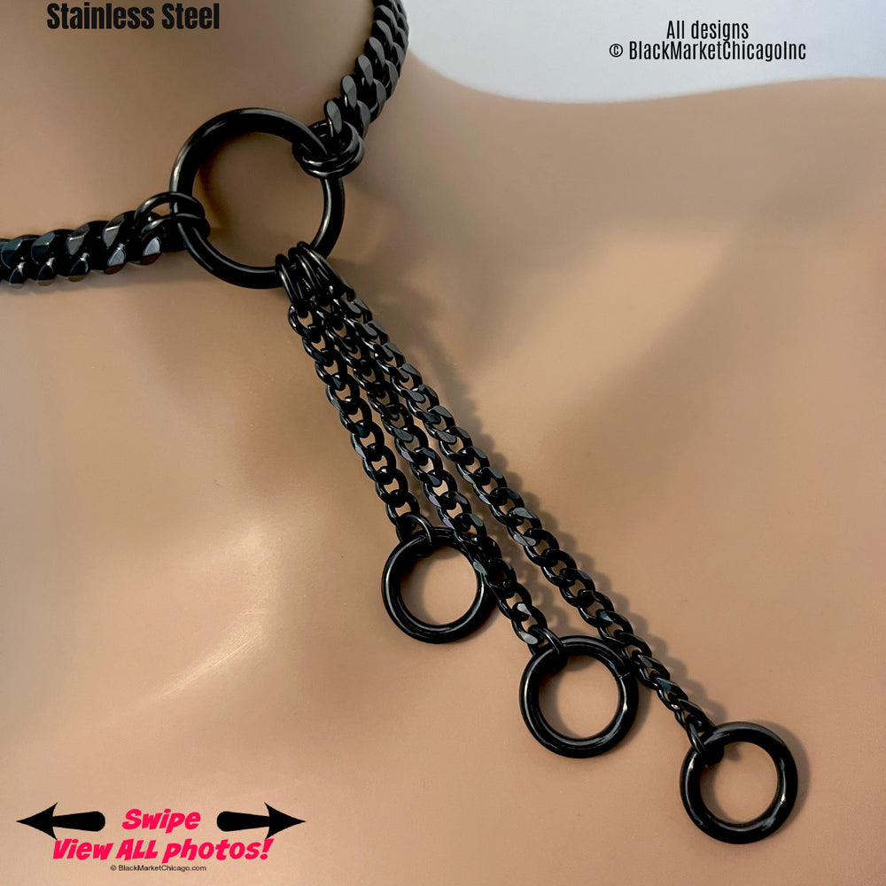 black stainless steel  choker; 1-inch center neck o-ring; black chain, cascading three graduated chains with solid thick o-rings at the end; heavy-ish, shiny, edy, streetwear choker necklace.