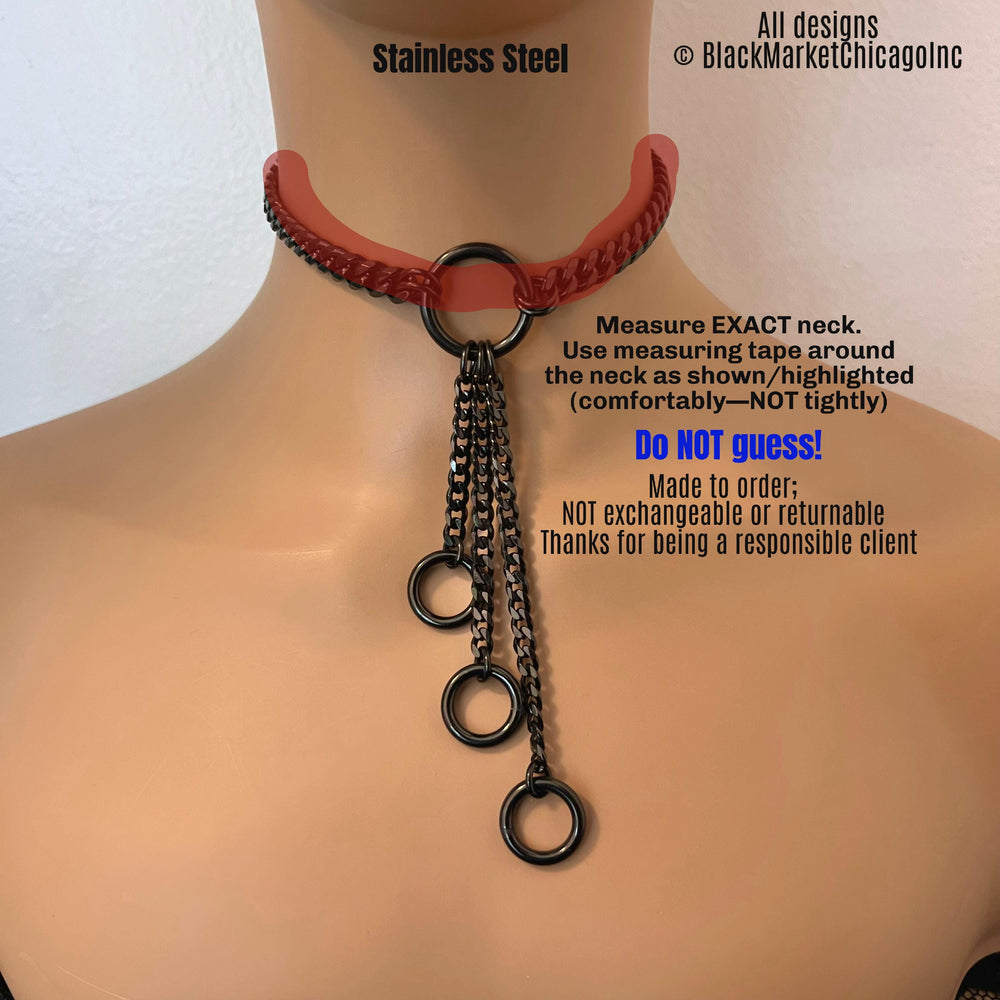 Fidget Choker, Long Black Chains & Rings, Stainless Steel, Lock option