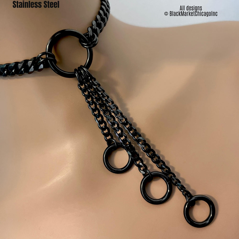 Fidget Choker, Long Black Chains & Rings, Stainless Steel, Lock option