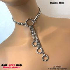 silver stainless steel fidget choker; sub day collar; three cascading dangles with sturdy end rings; waterproof; permanent clasp option