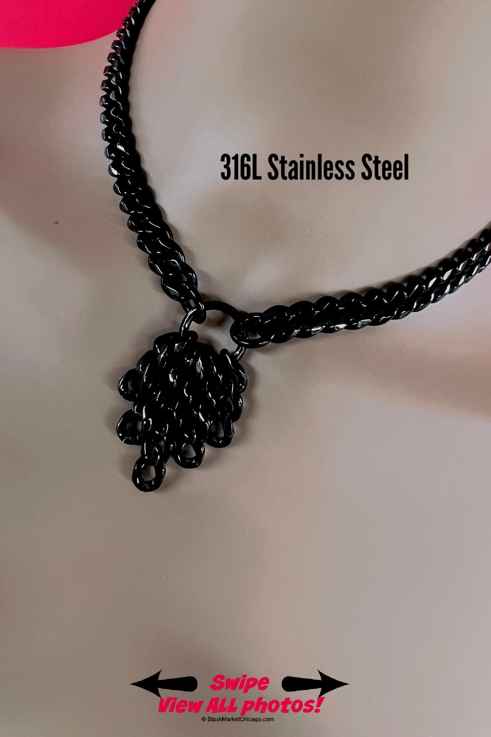 Sub Day Collar, Casading BLACK Chain, All Stainless Steel, Permanent locking option