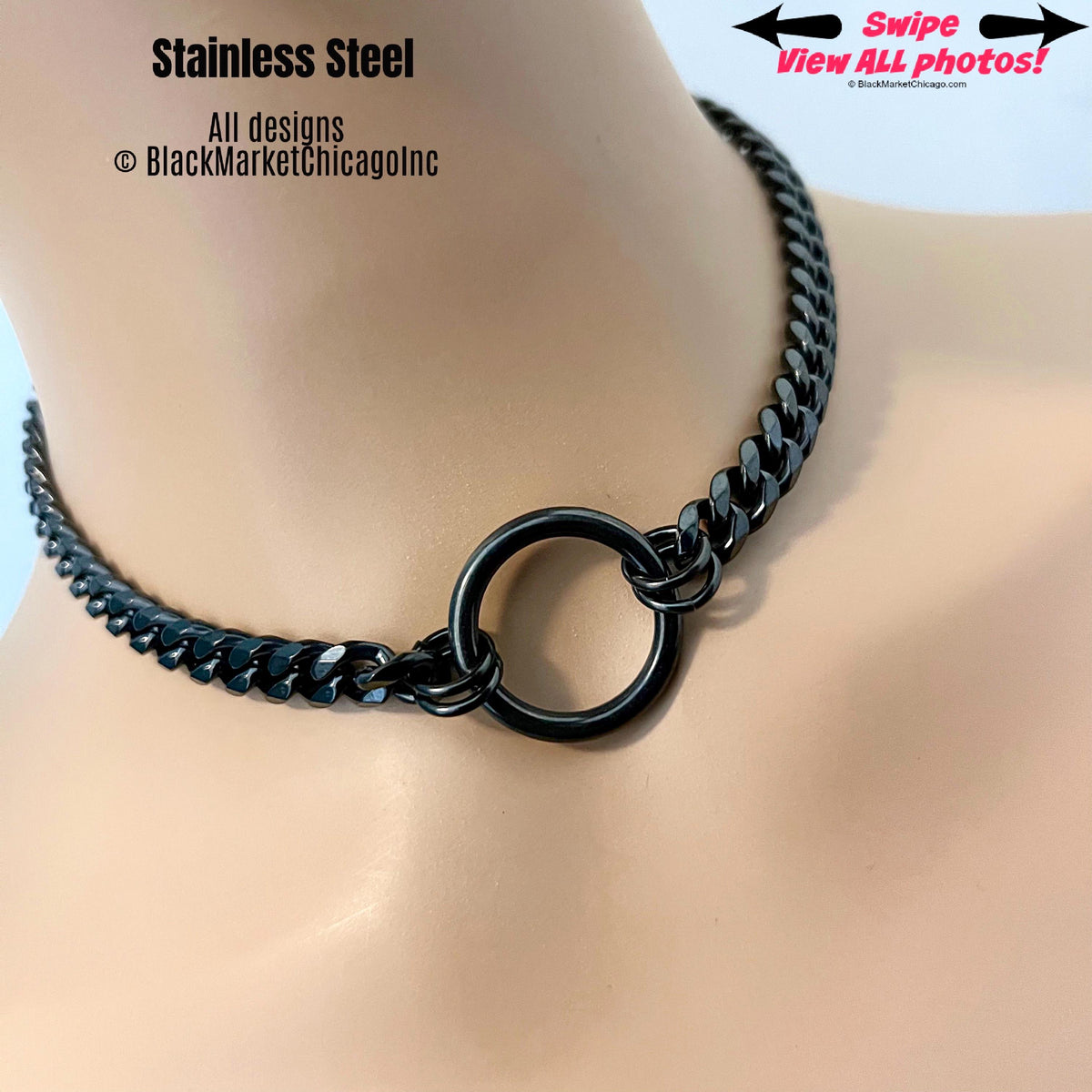 Day Collar, BLACK Seamless Ring & Chain, Discreet Stainless Steel, Waterproof 24/7
