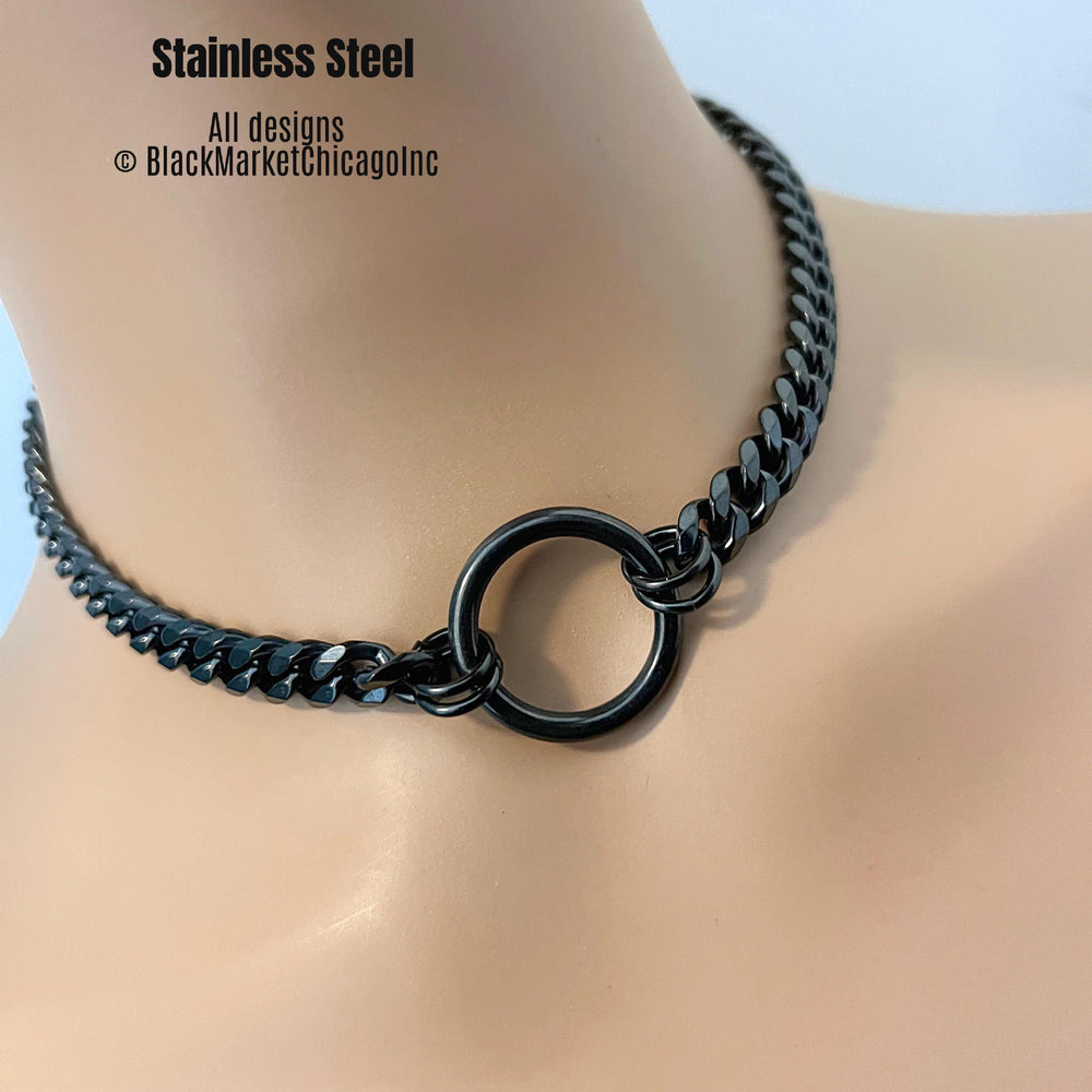 Day Collar, BLACK Seamless Ring & Chain, Discreet Stainless Steel, Waterproof 24/7