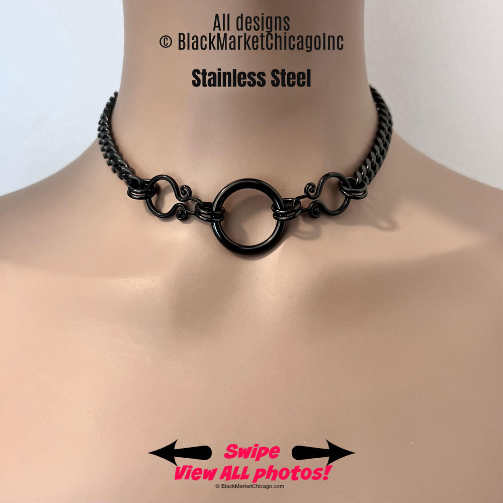 Gothic Day Collar, THICK Black Chain + Ring, Stainless Steel, Waterproof