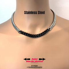 Discreet Submissive Day Collar 2-tone Black and Silver Stainless Steel Chain Necklace