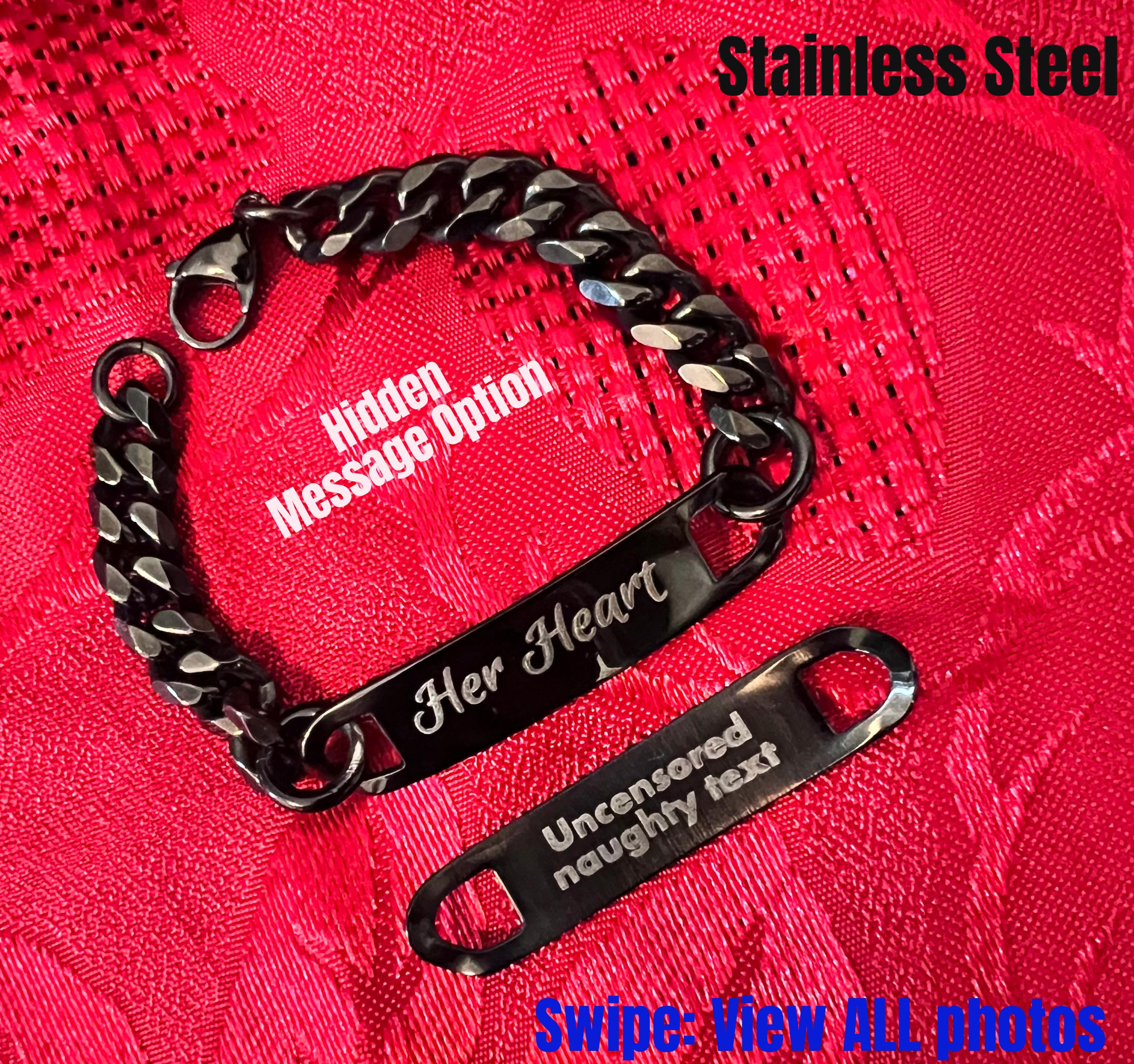 Sub Bracelet Discreet Secret HIDDEN MESSAGE Custom Engraved Personalized Wrist or Ankle Black Stainless Steel