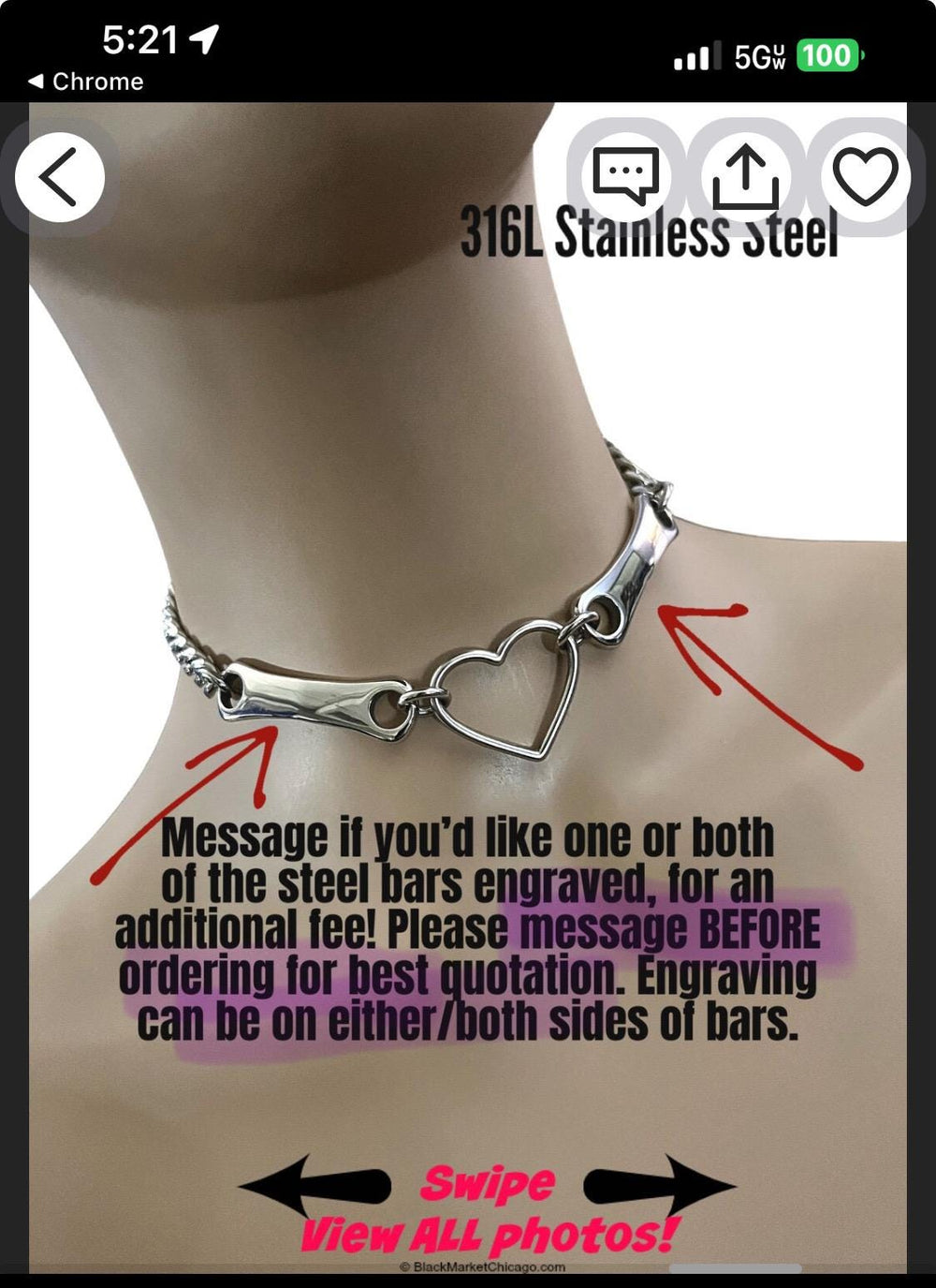 Discreet Sub Day Collar, 24/7 Permanent Locking Option, Stainless Steel, Heart and Steel Bars