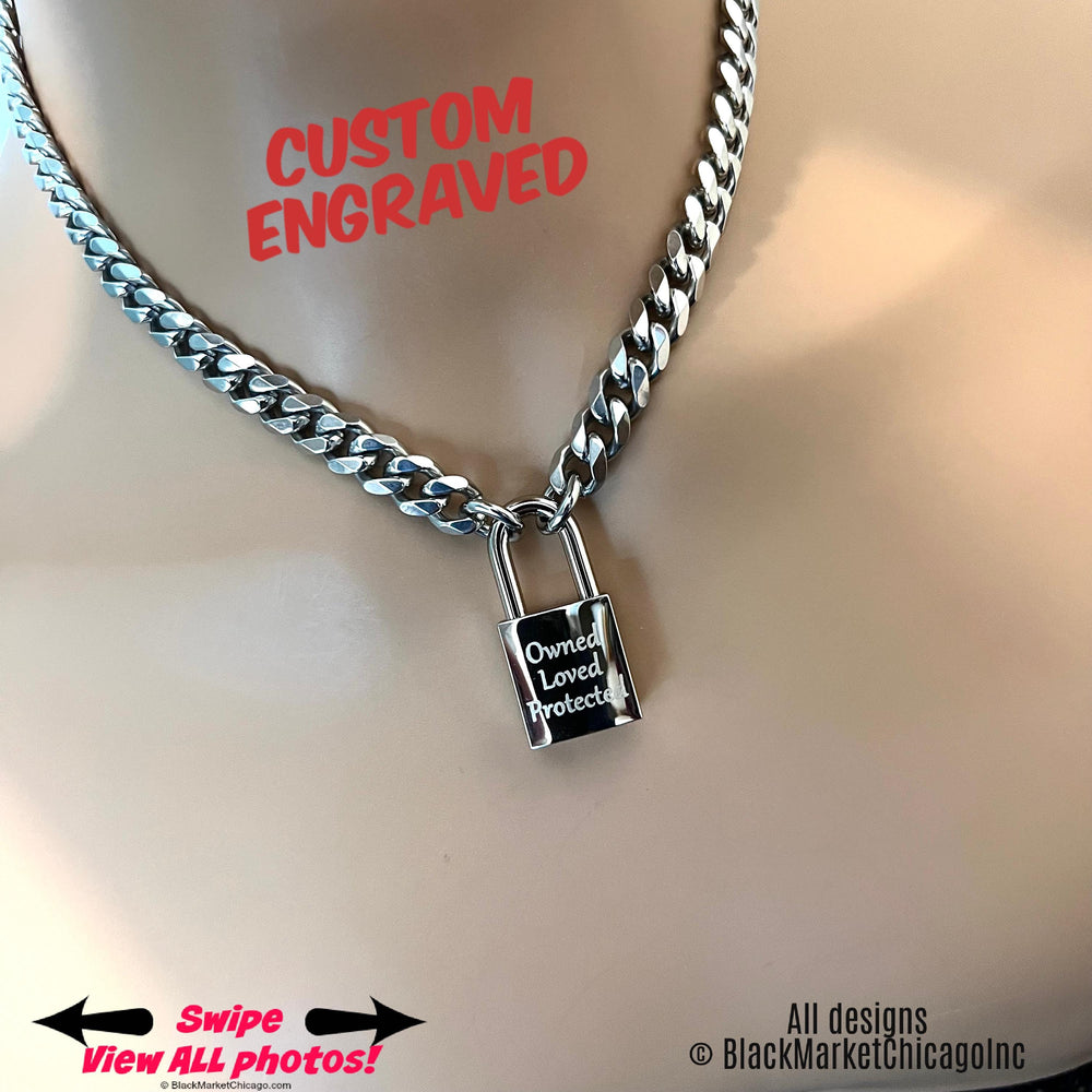 Submissive Day Collar Custom Engraved NICKEL Silver SQUARE Padlock 316L Stainless Steel Chain Locking Choker or Necklace