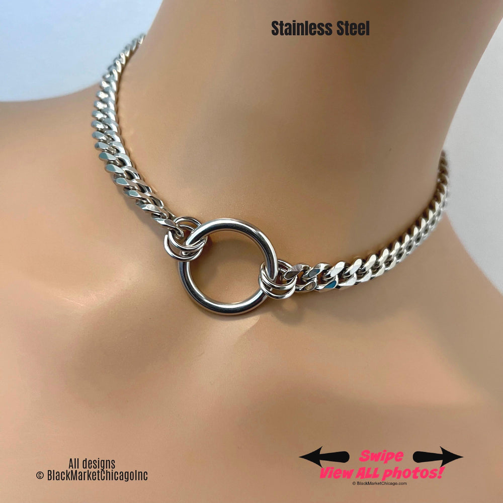 Day Collar, Seamless Ring & Chain, Discreet SILVER Stainless Steel, Waterproof 24/7