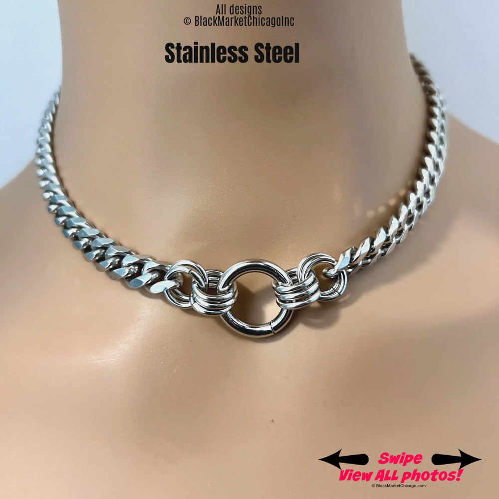 Sub Day Collar, 24-7, Silver Stainless Steel Chain, Lock option,