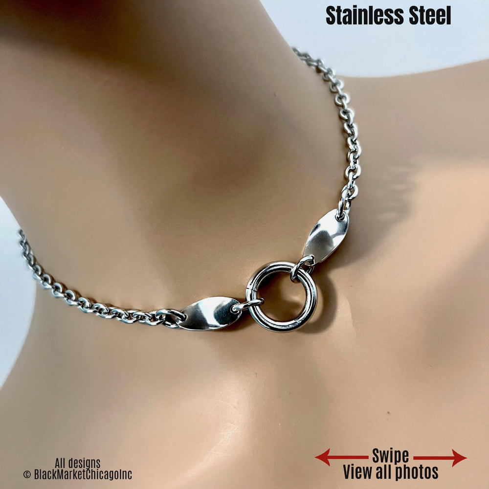Shiny discreet bdsm sub day collar; 6mm cable stainless steel chain; it’s constant wear 24/7; 18mm center thick o-ring affixed with sturdy jump rings, adorned with oval twisted side stabilizing ornaments, and a permanent locking clasp option.