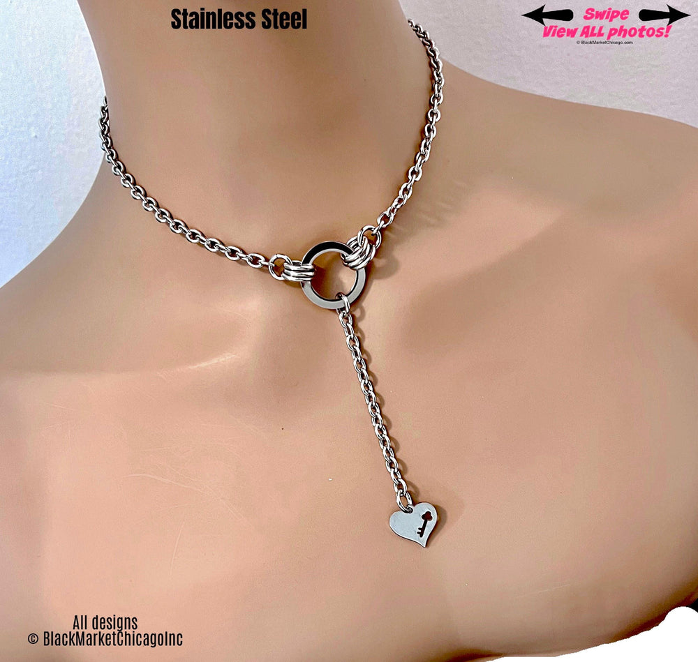 Submissive Day Collar w Lead and Heart, 24/7 Permanent Lock Option, All Stainless