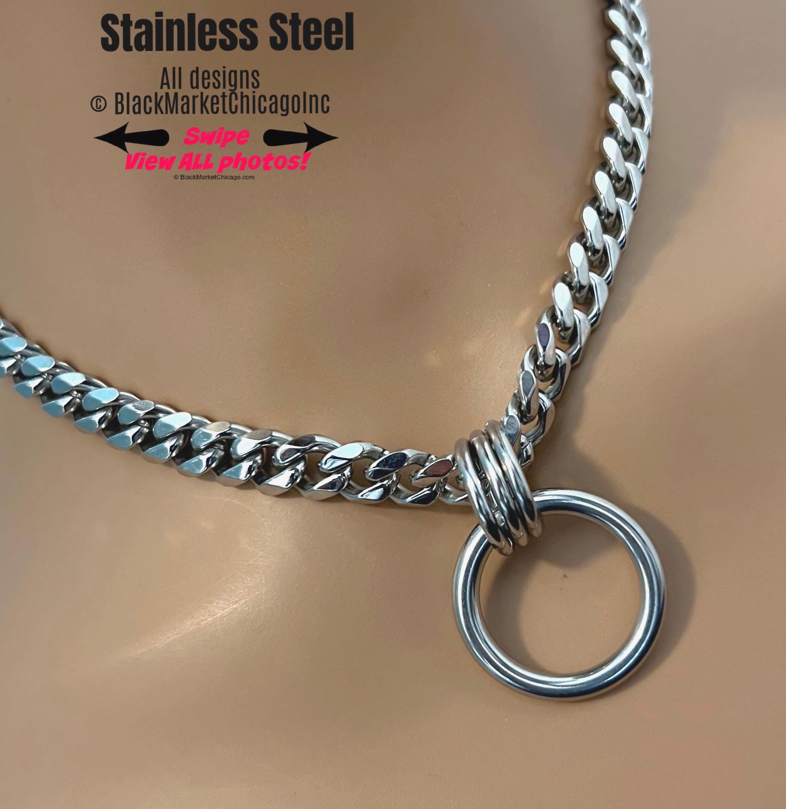 A discreet bdsm day collar; all shiny silver stainless steel; 8mm tight link curb chain with thick, 1&quot; diameter seamless center o-ring secured by 3 larger, thick jump rings; waterproof, and permanent lock option.
