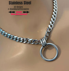 A discreet bdsm day collar; all shiny silver stainless steel; 8mm tight link curb chain with thick, 1&quot; diameter seamless center o-ring secured by 3 larger, thick jump rings; waterproof, and permanent lock option.