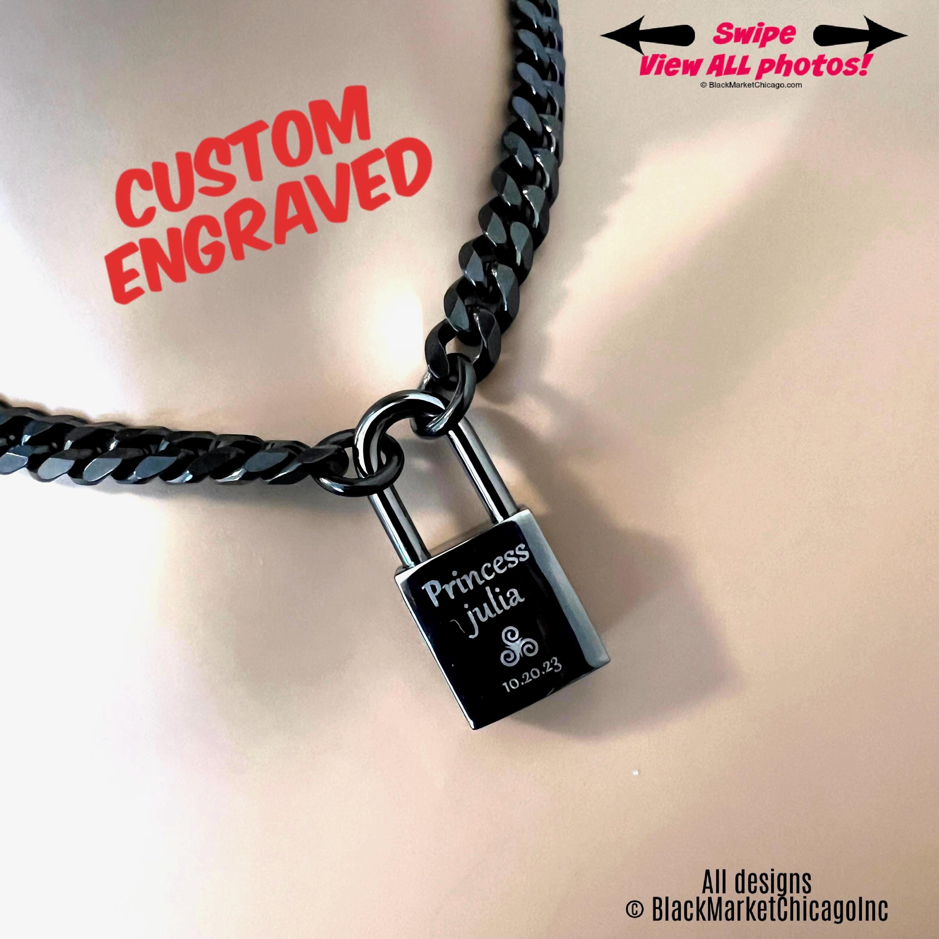 Sub Day Collar Custom Engraved GUNMETAL Padlock, Black Stainless Steel Chain, Steel Padlock