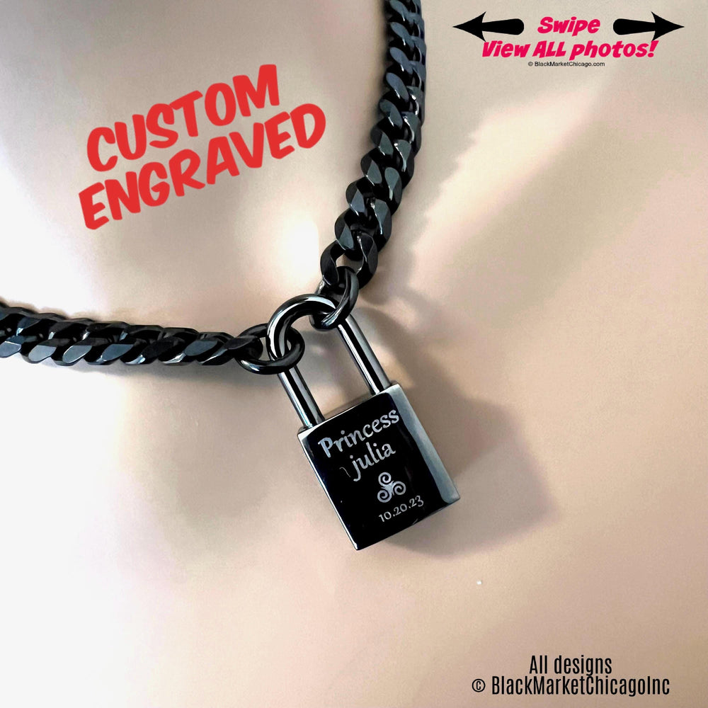 Sub Day Collar Custom Engraved GUNMETAL Padlock, Black Stainless Steel Chain, Steel Padlock