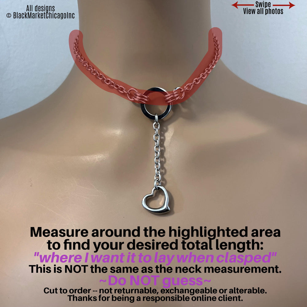 Discreet Sub Day Collar, O-Ring w Open Heart Pendant, 24-7 Wear, Permanent Locking OPTION, Stainless Steel