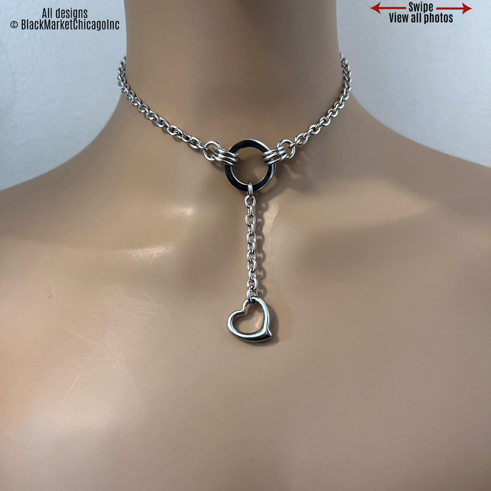 Discreet Sub Day Collar, O-Ring w Open Heart Pendant, 24-7 Wear, Permanent Locking OPTION, Stainless Steel