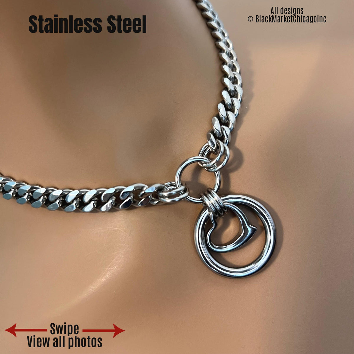 BDSM submissive day collar;all silver stainless steel features 8mm hand-polished curb chain; center 1&quot; seamless eternity ring with heart charm nestled inside; all secured with super sturdy jump rings; lobster or locking closure; handmade to order.