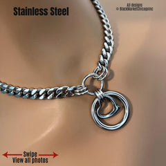 BDSM submissive day collar;all silver stainless steel features 8mm hand-polished curb chain; center 1&quot; seamless eternity ring with heart charm nestled inside; all secured with super sturdy jump rings; lobster or locking closure; handmade to order.