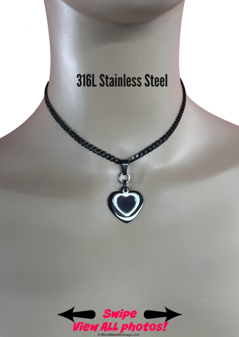 Submissive Day Collar Heart Choker 2-Tone Layered Black & Silver 24/7 Wear Stainless Steel Curb Chain Necklace