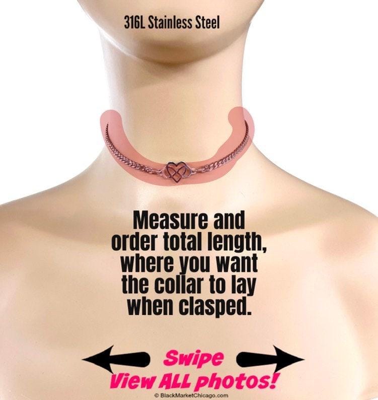 Polyamory Infinity in Heart, Discrete Day Collar Choker, Stainless Steel, Permanent 24/7 Locking Ring, Chain Necklace