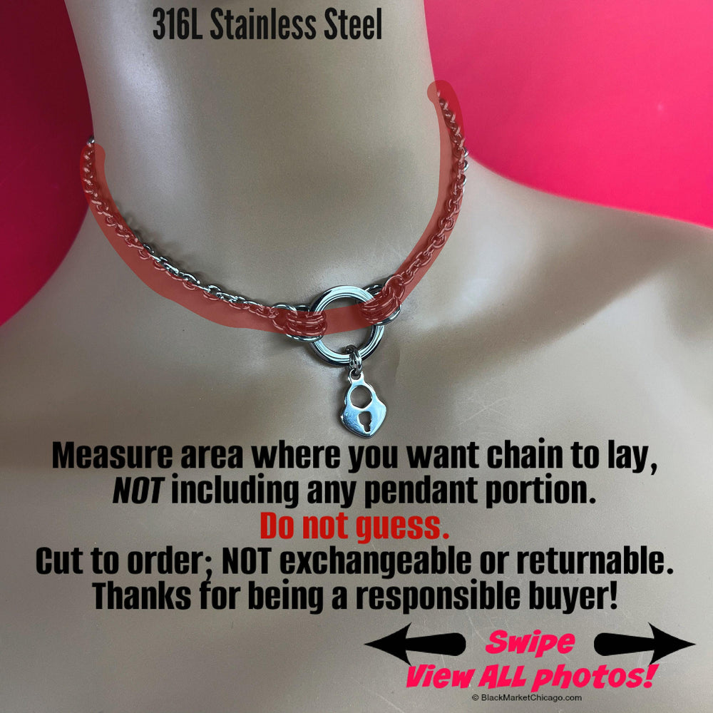 Discreet Sub Day Collar, O-Ring w Open Heart Pendant, 24-7 Wear, Permanent Locking OPTION, Stainless Steel