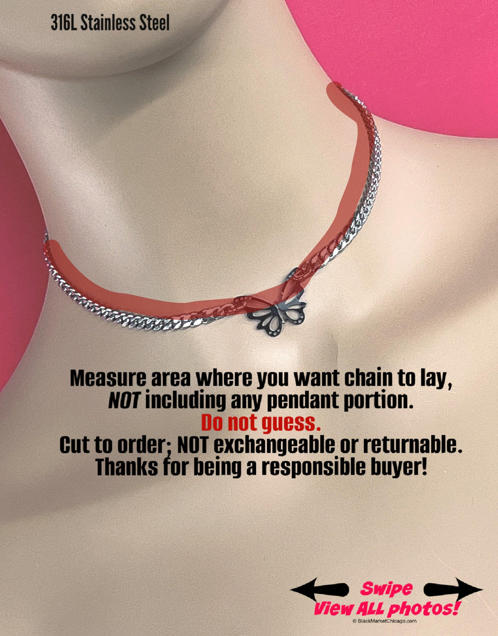 Butterfly Sub Day Collar, 24/7 Wear LOCK Option, All Stainless Steel Curb Chain