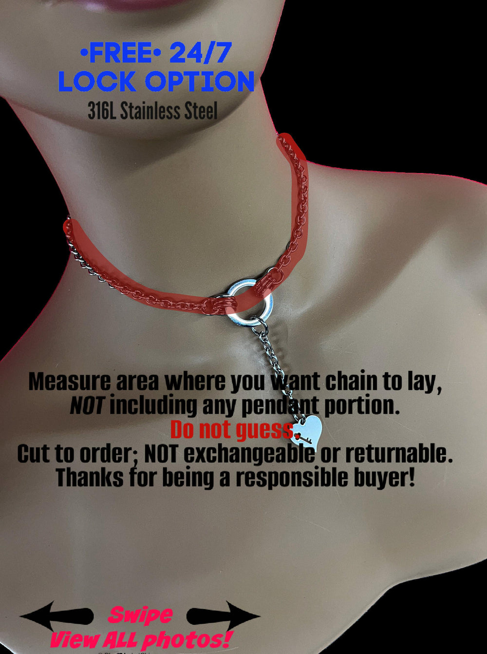 Discreet Submissive Day Collar, O-Ring Heart Extension Pendant, 24-7 Wear, Permanent Locking OPTION, Stainless Steel