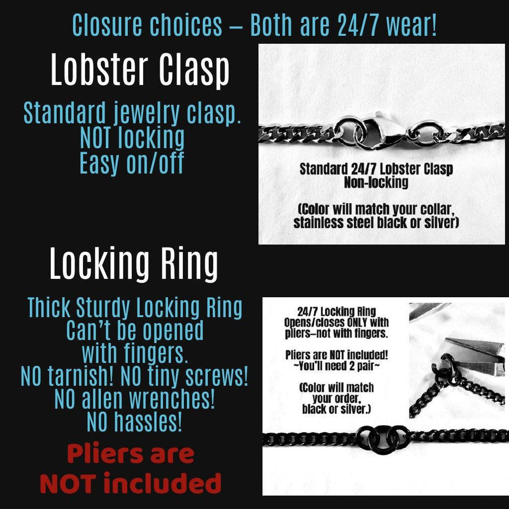Permanently Locking Sub Day Collar or Mistress Necklace, Poly Family, SILVER Stainless Steel Chain, 24/7 Wear
