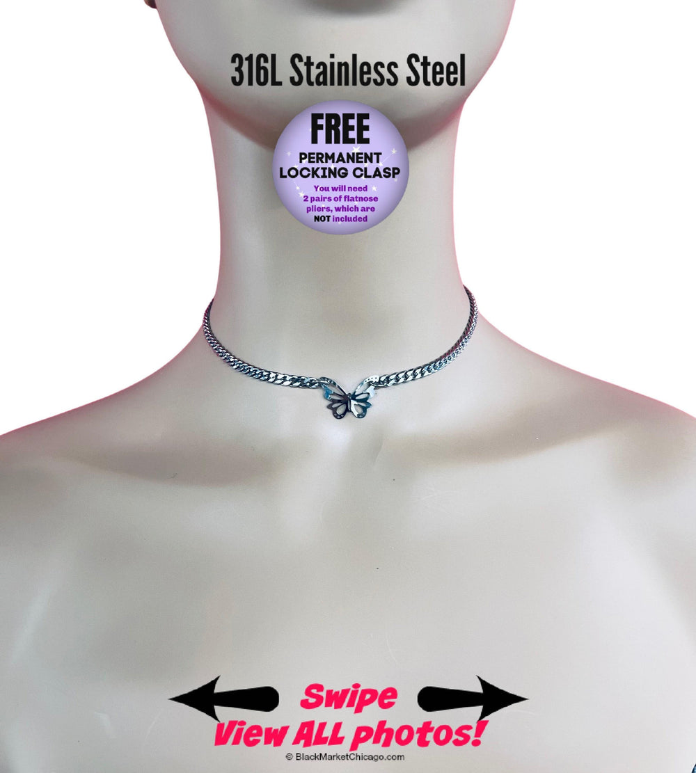 Butterfly Sub Day Collar, 24/7 Wear LOCK Option, All Stainless Steel Curb Chain