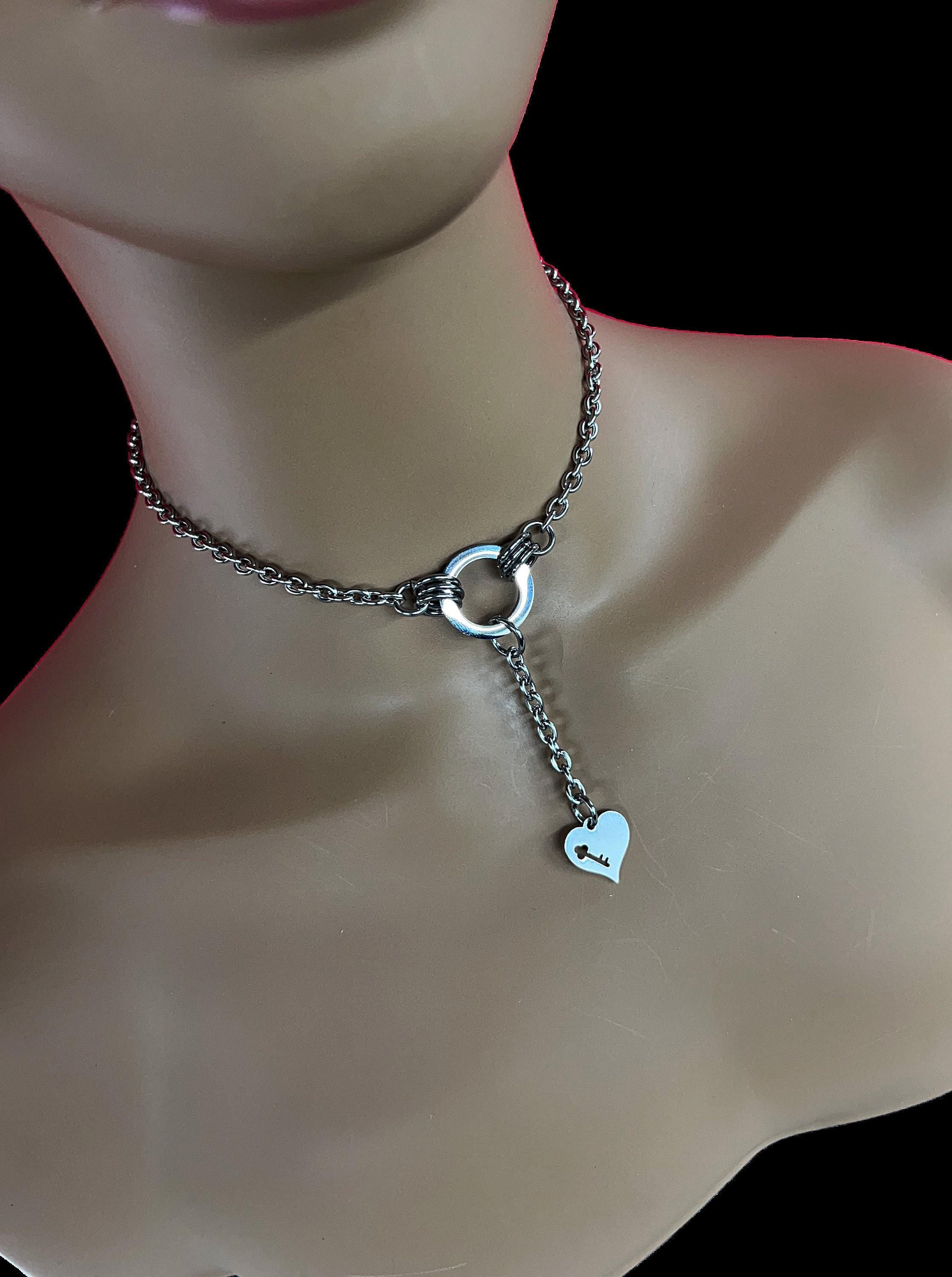 Discreet Submissive Day Collar, O-Ring Heart Extension Pendant, 24-7 Wear, Permanent Locking OPTION, Stainless Steel