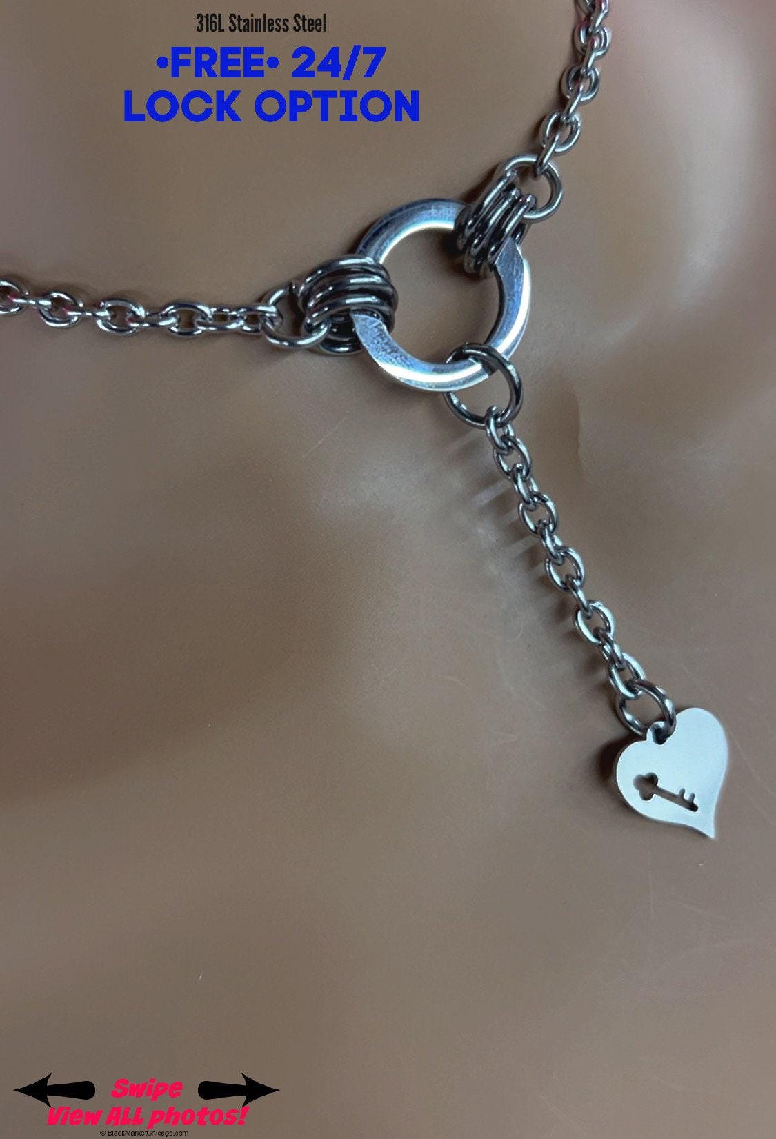 Discreet Submissive Day Collar, O-Ring Heart Extension Pendant, 24-7 Wear, Permanent Locking OPTION, Stainless Steel