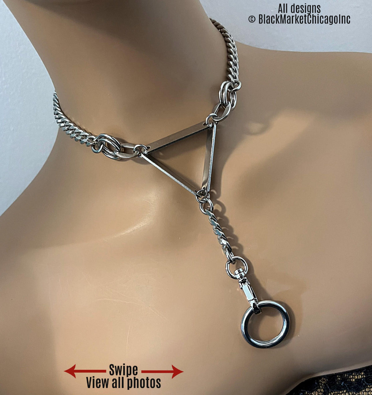 chunky chain choker; grunge aesthetic; unique meld of stainless steel chain, steel bars fashioned in a triangular box shape for 3D, various sturdy rings, with a chain dangle and 1” end ring affixed by 360 mini swivel snap.