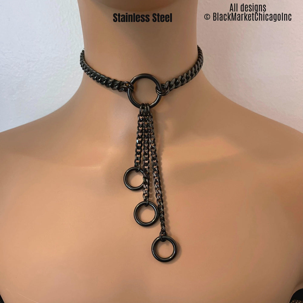 Fidget Choker, Long Black Chains & Rings, Stainless Steel, Lock option