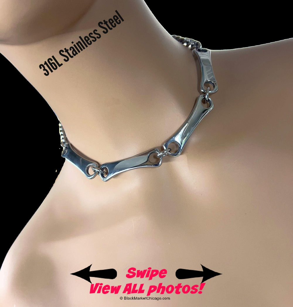 Locking Submissive Collar All Stainless Steel Bars & Chain
