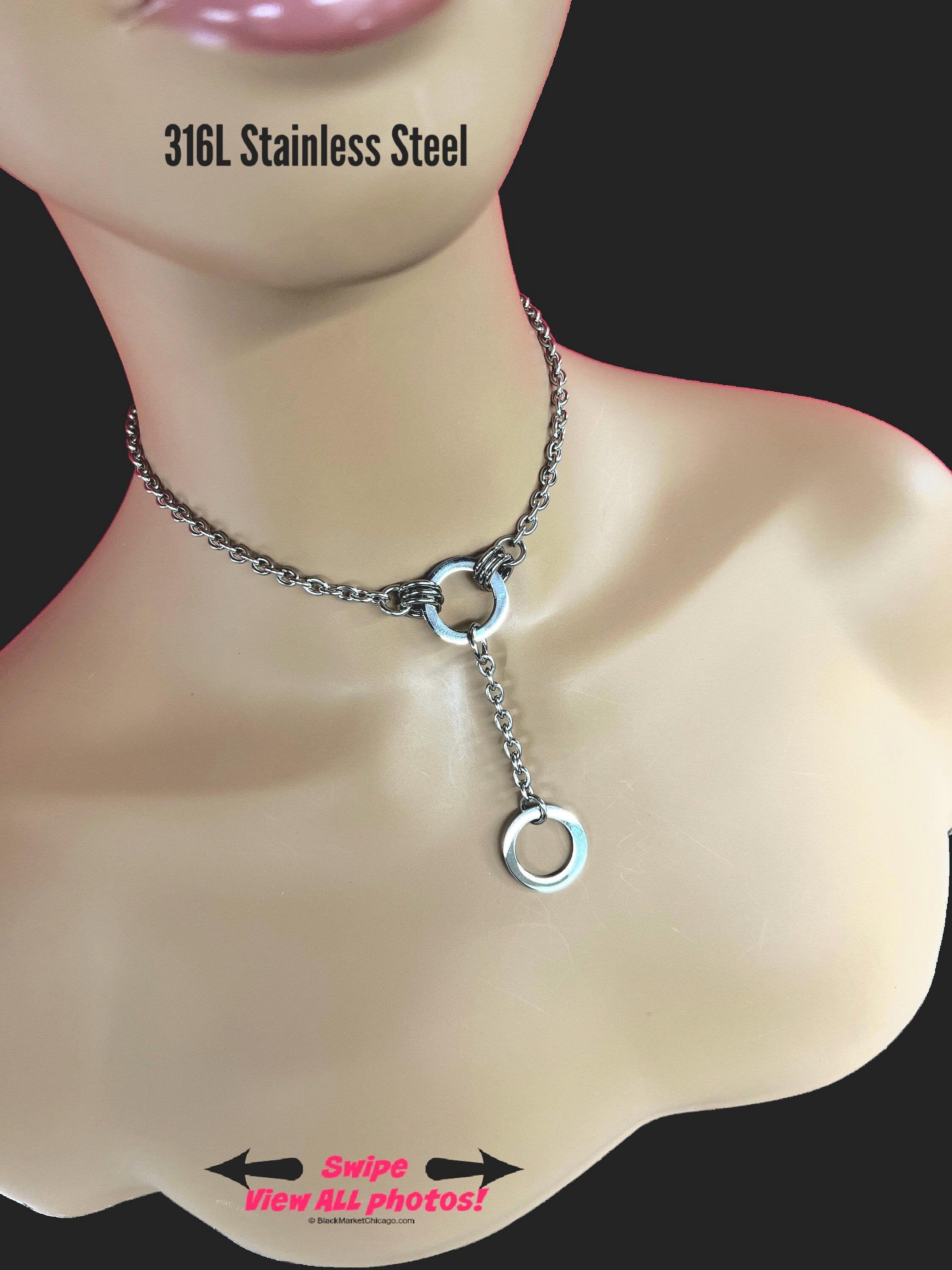 Discreet Submissive Day Collar, O-Ring with Extension Pendant, 24-7 Wear, Permanent Locking OPTION, Stainless Steel