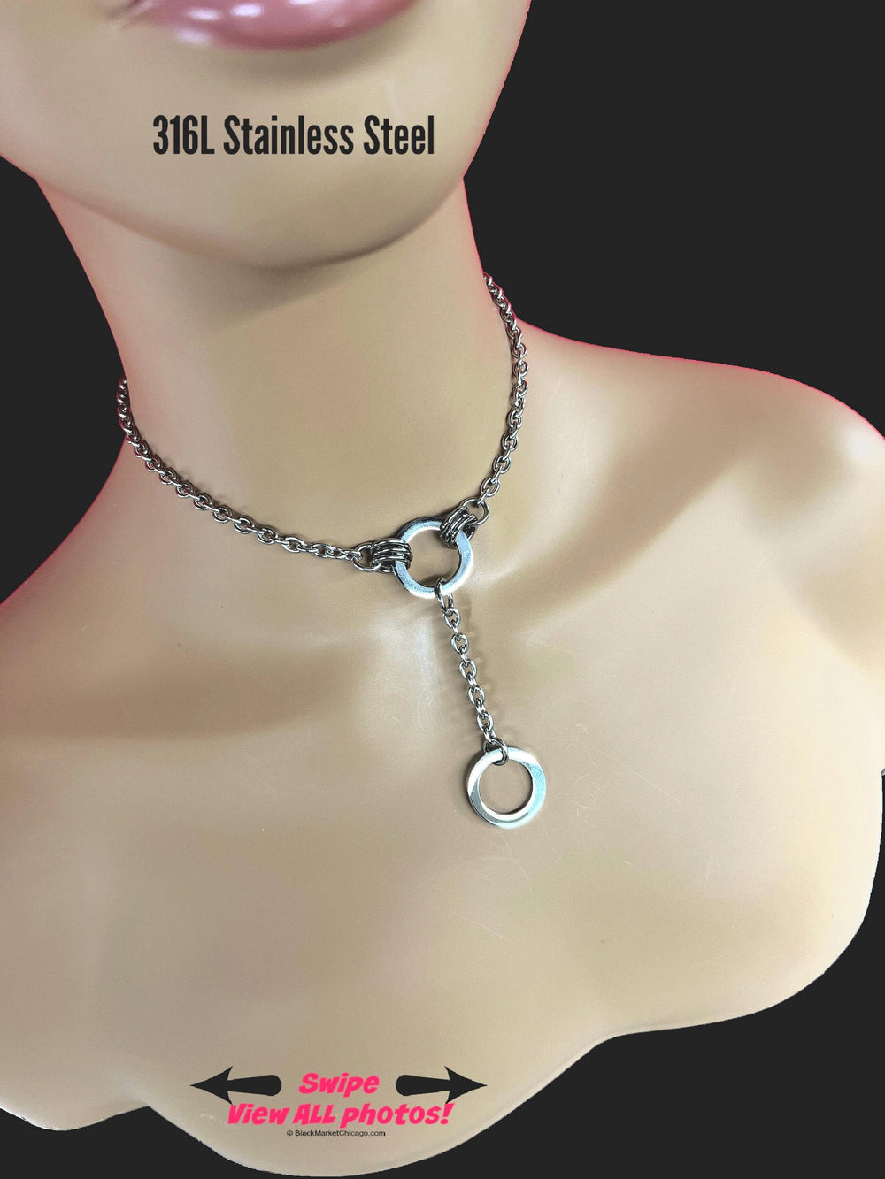 Discreet Submissive Day Collar, O-Ring with Extension Pendant, 24-7 Wear, Permanent Locking OPTION, Stainless Steel