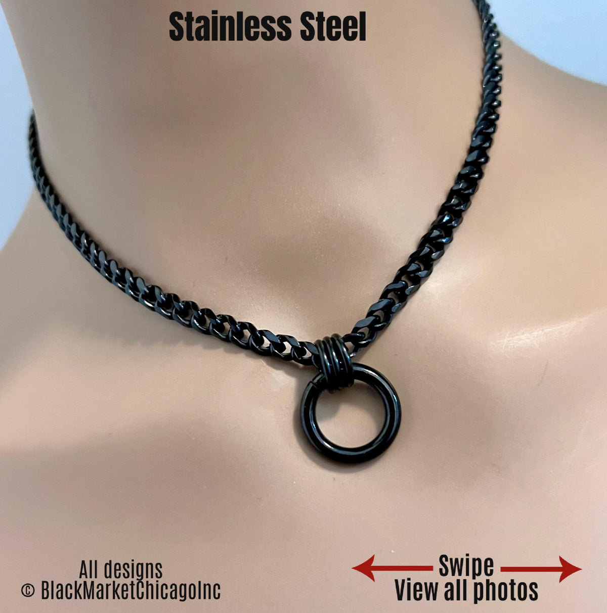 Day Collar, Minimalist Discreet, O-Ring, Black Stainless Steel Curb Chain, 24-7