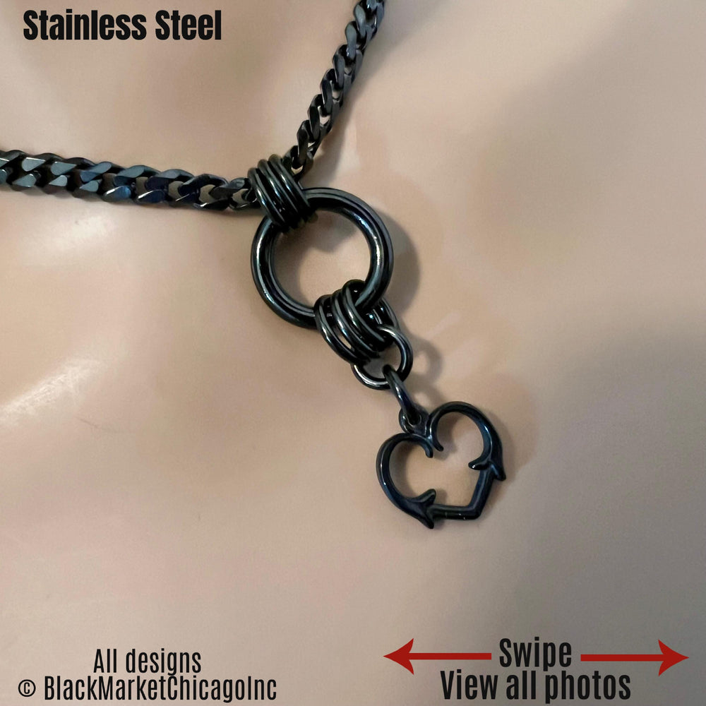 Day Collar, O-Ring & Thorny Heart, BLACK Stainless, 24/7 Lockable